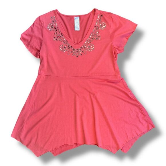 Avon Watermelon Pink Flutter Sleeve Studded Embellished Peplum Tunic Sz XL - Picture 2 of 9